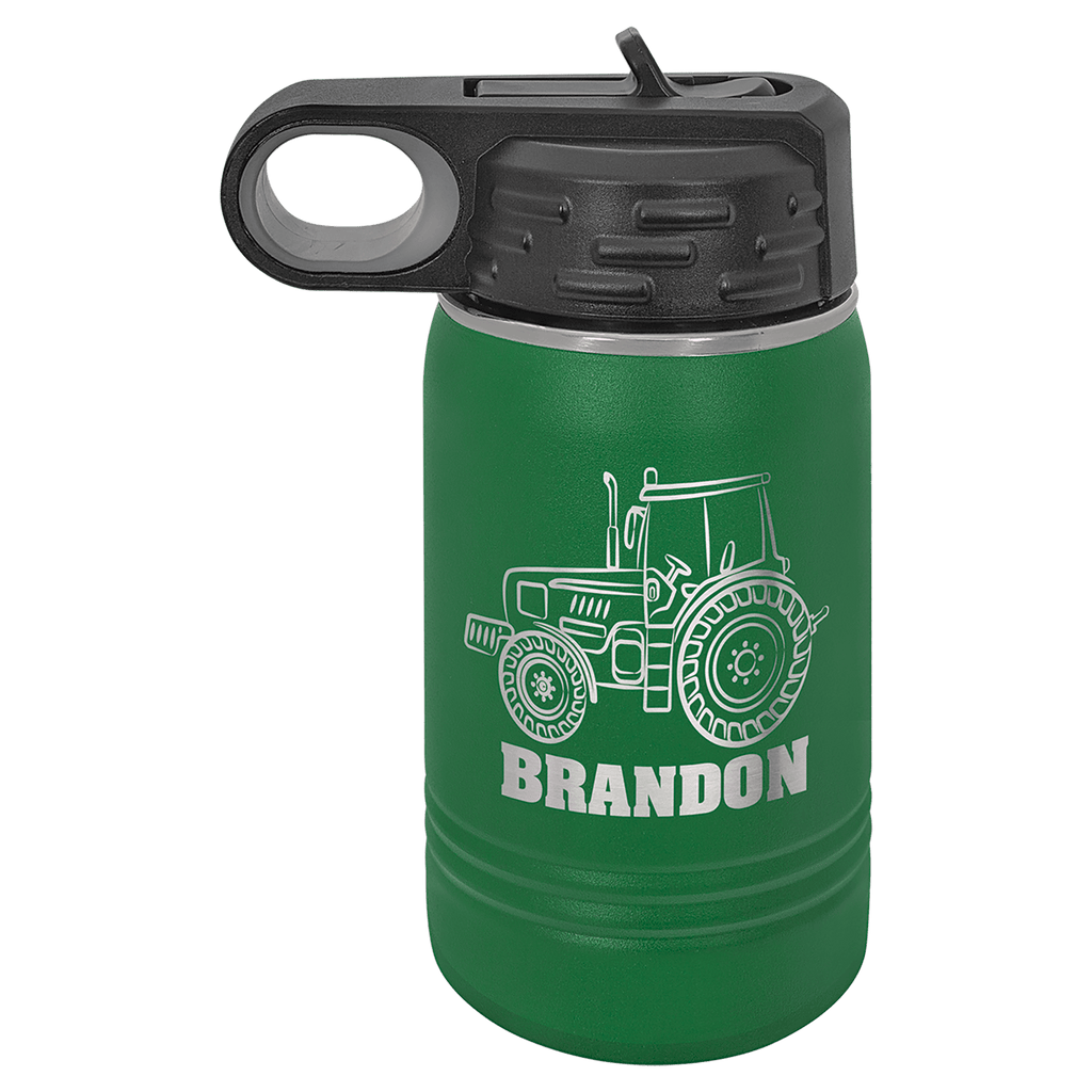 Green powder-coated 12 oz. insulated water bottle with a black flip-top lid, shown with a sample engraving