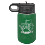 Green powder-coated 12 oz. insulated water bottle with a black flip-top lid, shown with a sample engraving