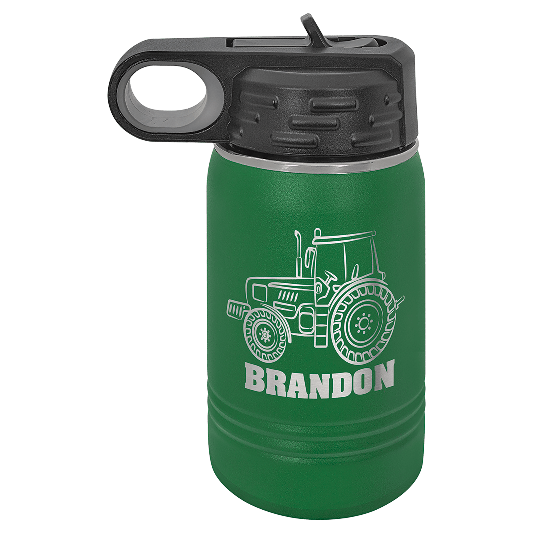 Green powder-coated 12 oz. insulated water bottle with a black flip-top lid, shown with a sample engraving