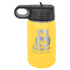 Yellow powder-coated 12 oz. insulated water bottle with a black flip-top lid, shown with a sample engraving
