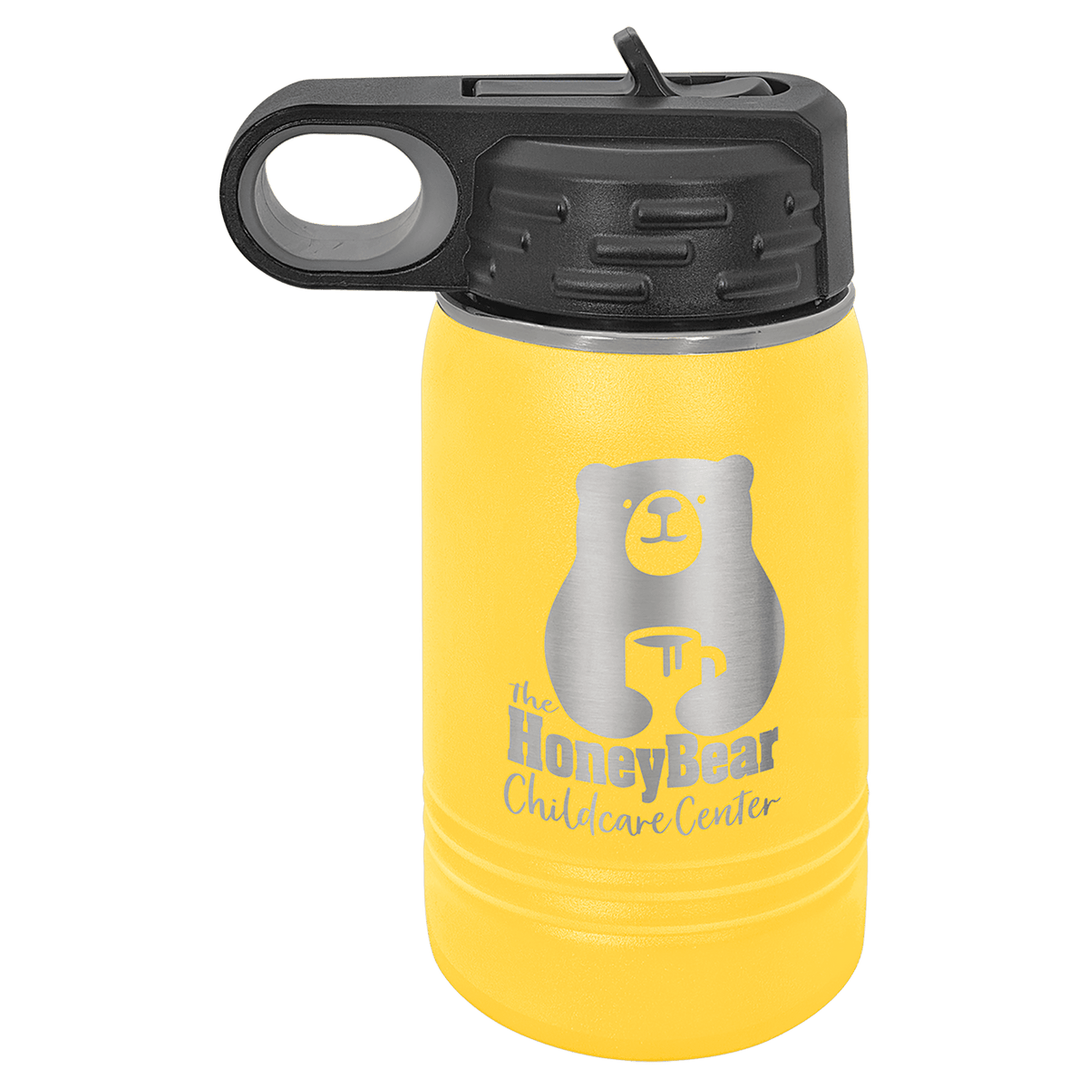 Yellow powder-coated 12 oz. insulated water bottle with a black flip-top lid, shown with a sample engraving