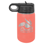 Coral powder-coated 12 oz. insulated water bottle with a black flip-top lid, shown with a sample engraving