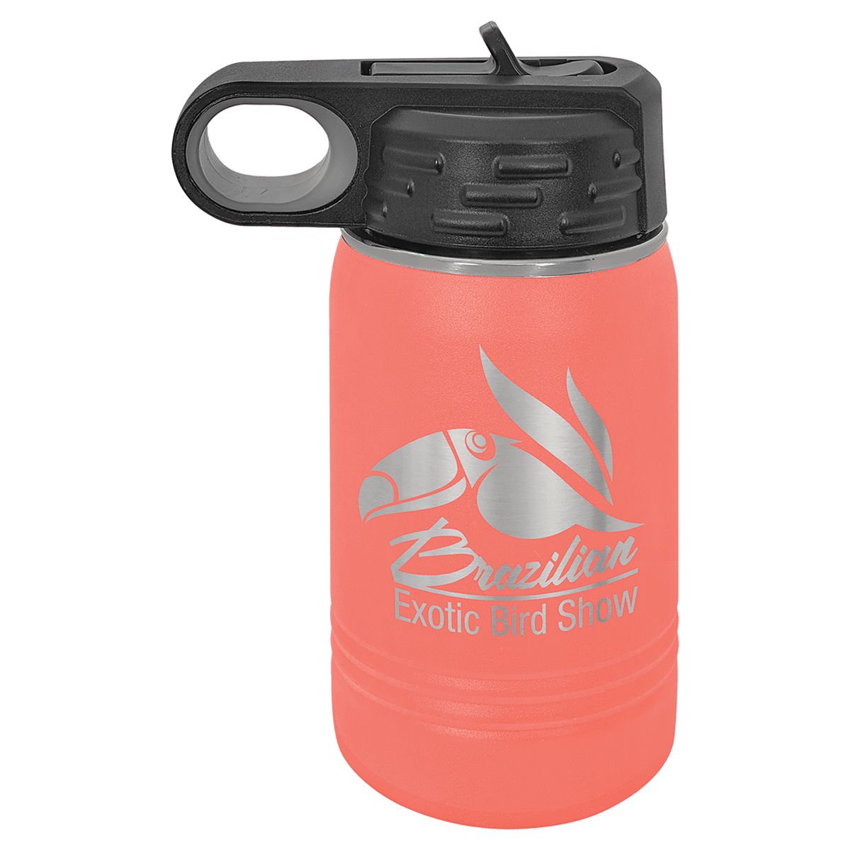 Coral powder-coated 12 oz. insulated water bottle with a black flip-top lid, shown with a sample engraving