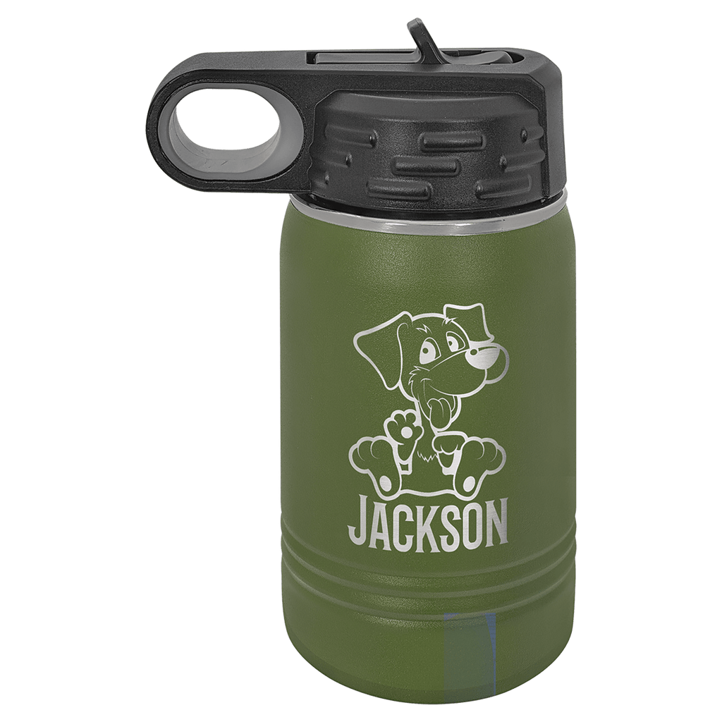 Olive green powder-coated 12 oz. insulated water bottle with a black flip-top lid, shown with a sample engraving