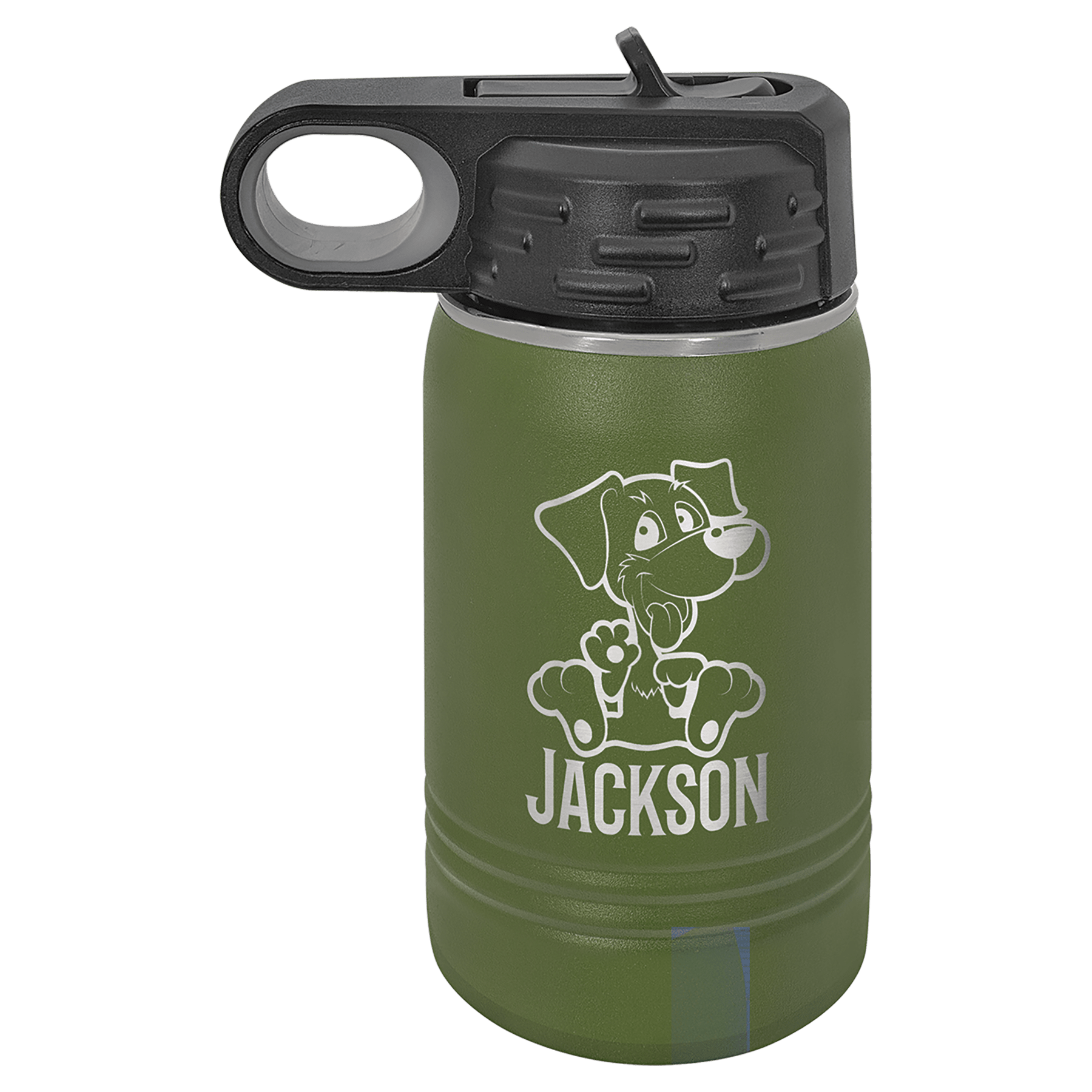 Olive green powder-coated 12 oz. insulated water bottle with a black flip-top lid, shown with a sample engraving