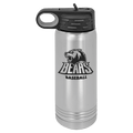 Brushed stainless steel 20 oz. insulated water bottle with a black flip-top lid, shown with a sample engraving