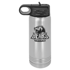 Brushed stainless steel 20 oz. insulated water bottle with a black flip-top lid, shown with a sample engraving