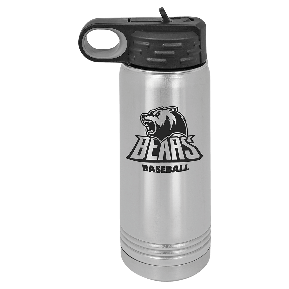 Brushed stainless steel 20 oz. insulated water bottle with a black flip-top lid, shown with a sample engraving