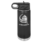 Black powder-coated 20 oz. insulated water bottle with a black flip-top lid, shown with a sample engraving