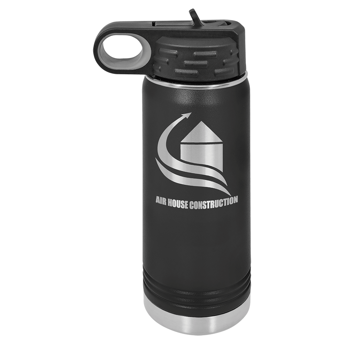 Black powder-coated 20 oz. insulated water bottle with a black flip-top lid, shown with a sample engraving