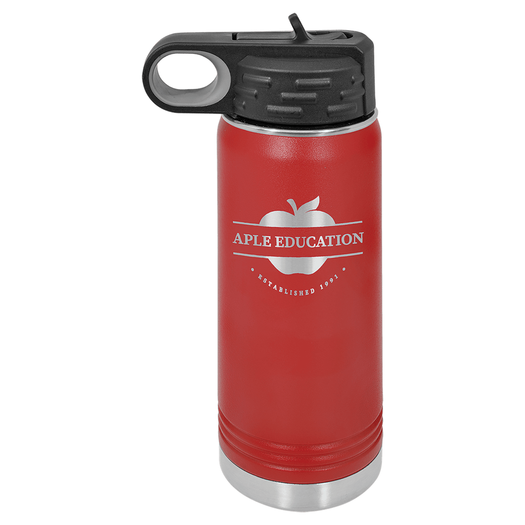 Red powder-coated 20 oz. insulated water bottle with a black flip-top lid, shown with a sample engraving