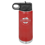 Red powder-coated 20 oz. insulated water bottle with a black flip-top lid, shown with a sample engraving