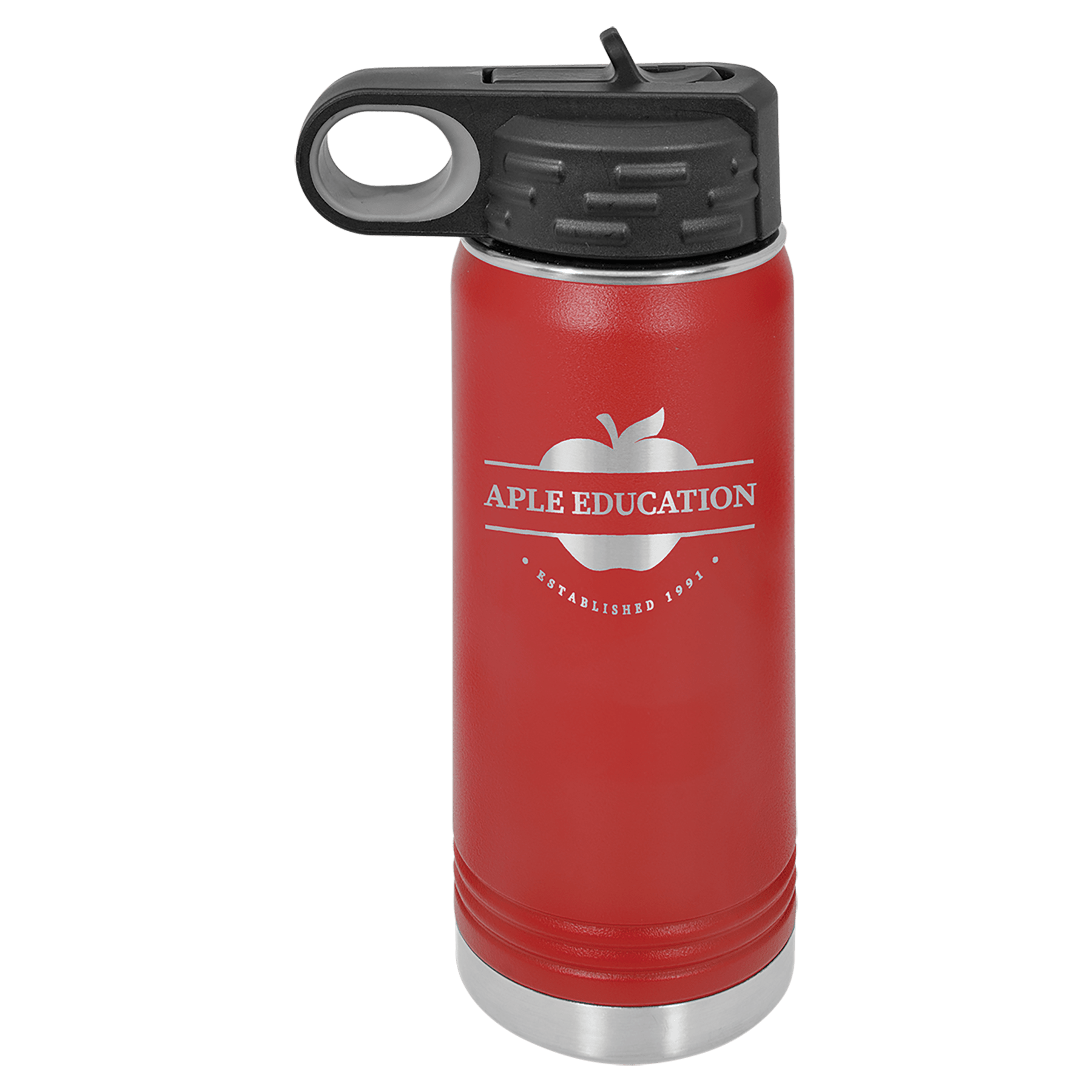Red powder-coated 20 oz. insulated water bottle with a black flip-top lid, shown with a sample engraving