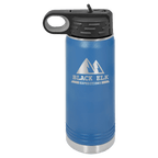 Royal blue powder-coated 20 oz. insulated water bottle with a black flip-top lid, shown with a sample engraving