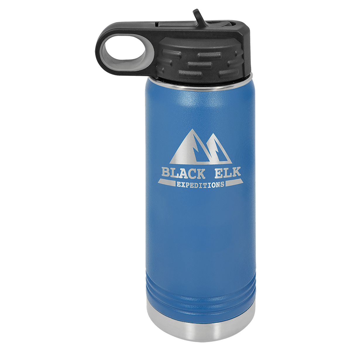 Royal blue powder-coated 20 oz. insulated water bottle with a black flip-top lid, shown with a sample engraving