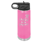 Pink powder-coated 20 oz. insulated water bottle with a black flip-top lid, shown with a sample engraving