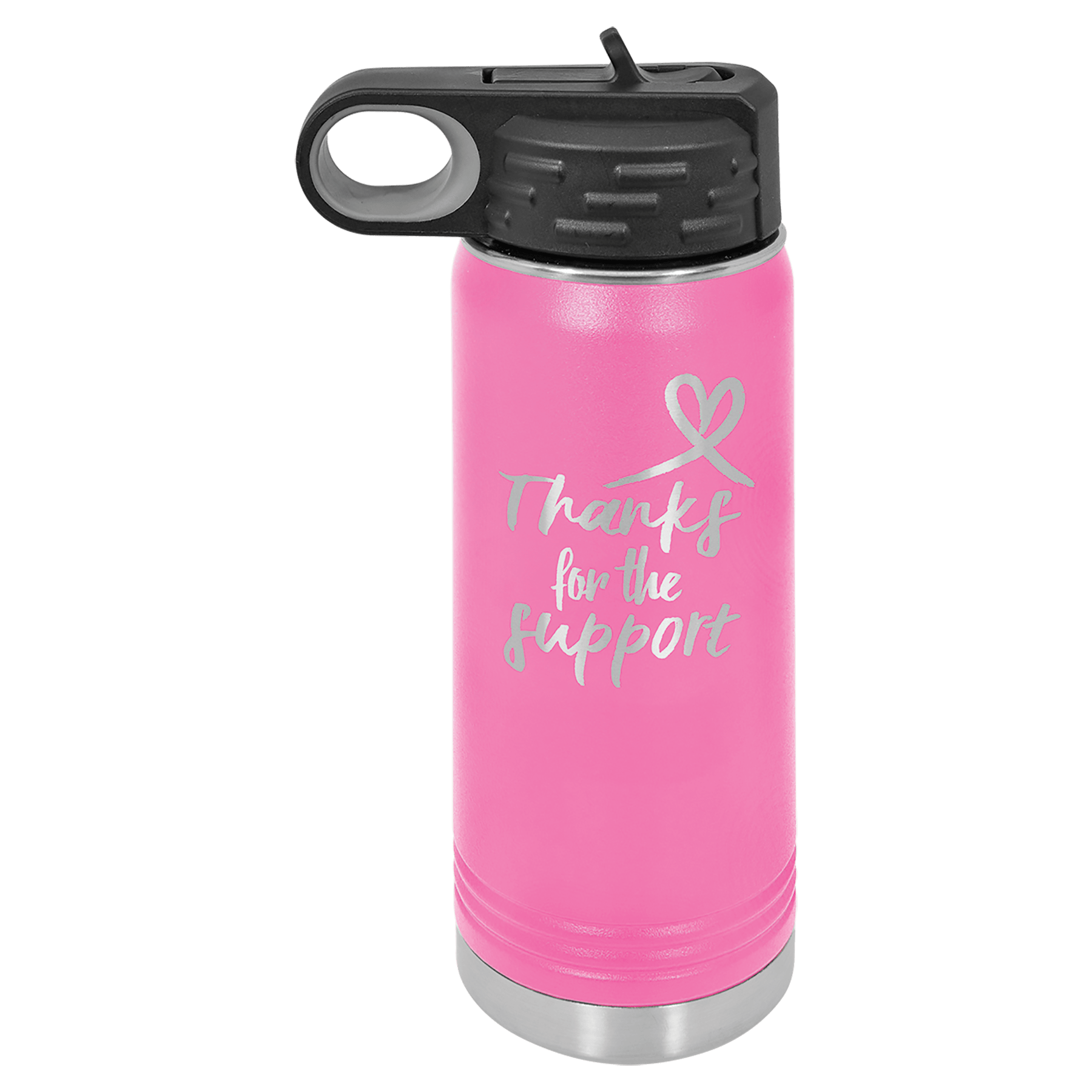 Pink powder-coated 20 oz. insulated water bottle with a black flip-top lid, shown with a sample engraving