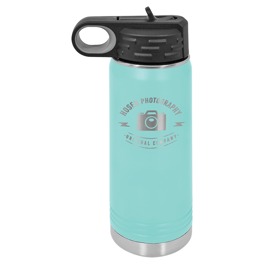 Teal powder-coated 20 oz. insulated water bottle with a black flip-top lid, shown with a sample engraving