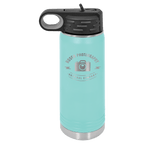 Teal powder-coated 20 oz. insulated water bottle with a black flip-top lid, shown with a sample engraving