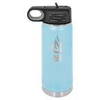 Light blue powder-coated 20 oz. insulated water bottle with a black flip-top lid, shown with a sample engraving