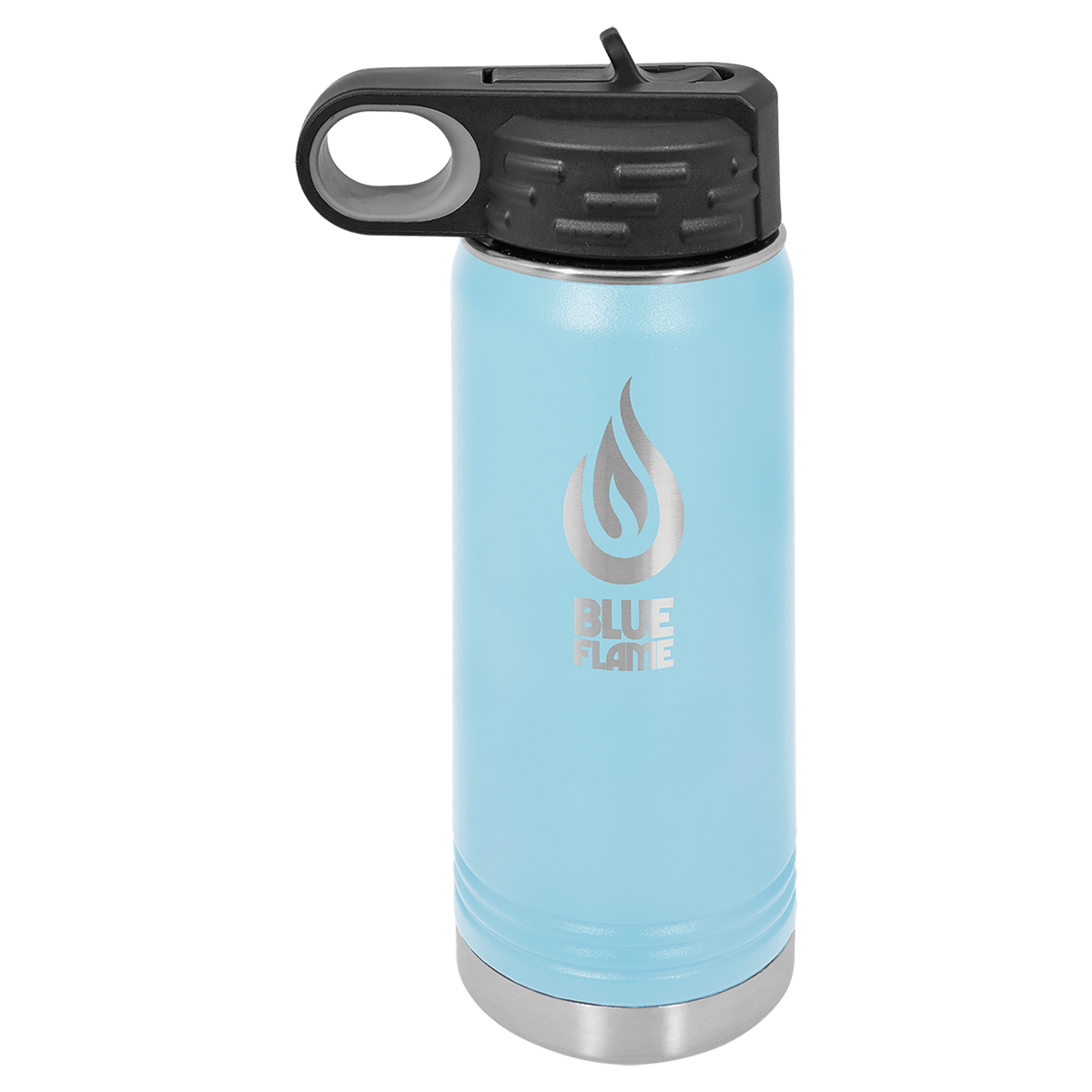 Light blue powder-coated 20 oz. insulated water bottle with a black flip-top lid, shown with a sample engraving