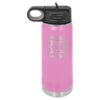 Light purple powder-coated 20 oz. insulated water bottle with a black flip-top lid, shown with a sample engraving