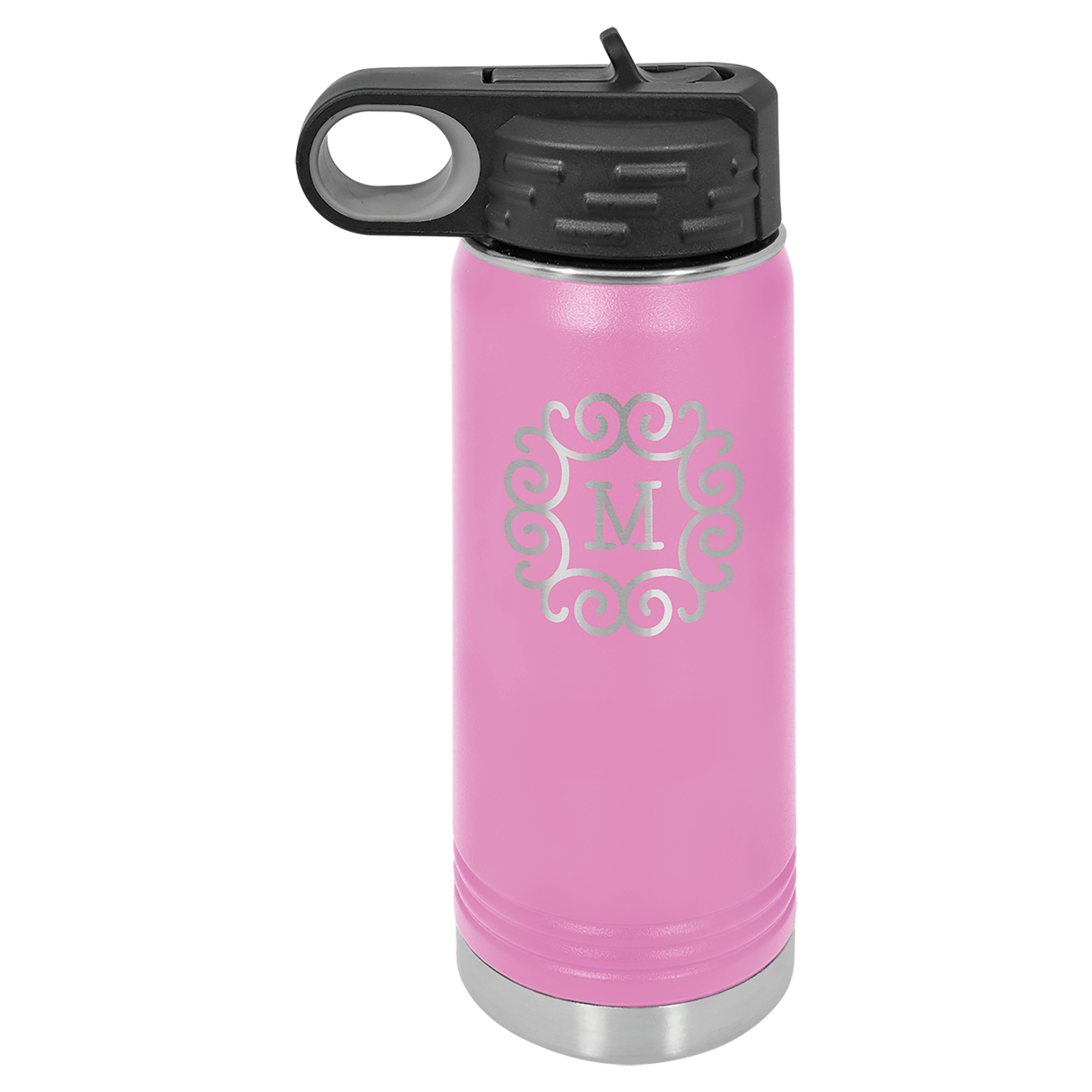 Light purple powder-coated 20 oz. insulated water bottle with a black flip-top lid, shown with a sample engraving