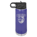 Purple powder-coated 20 oz. insulated water bottle with a black flip-top lid, shown with a sample engraving