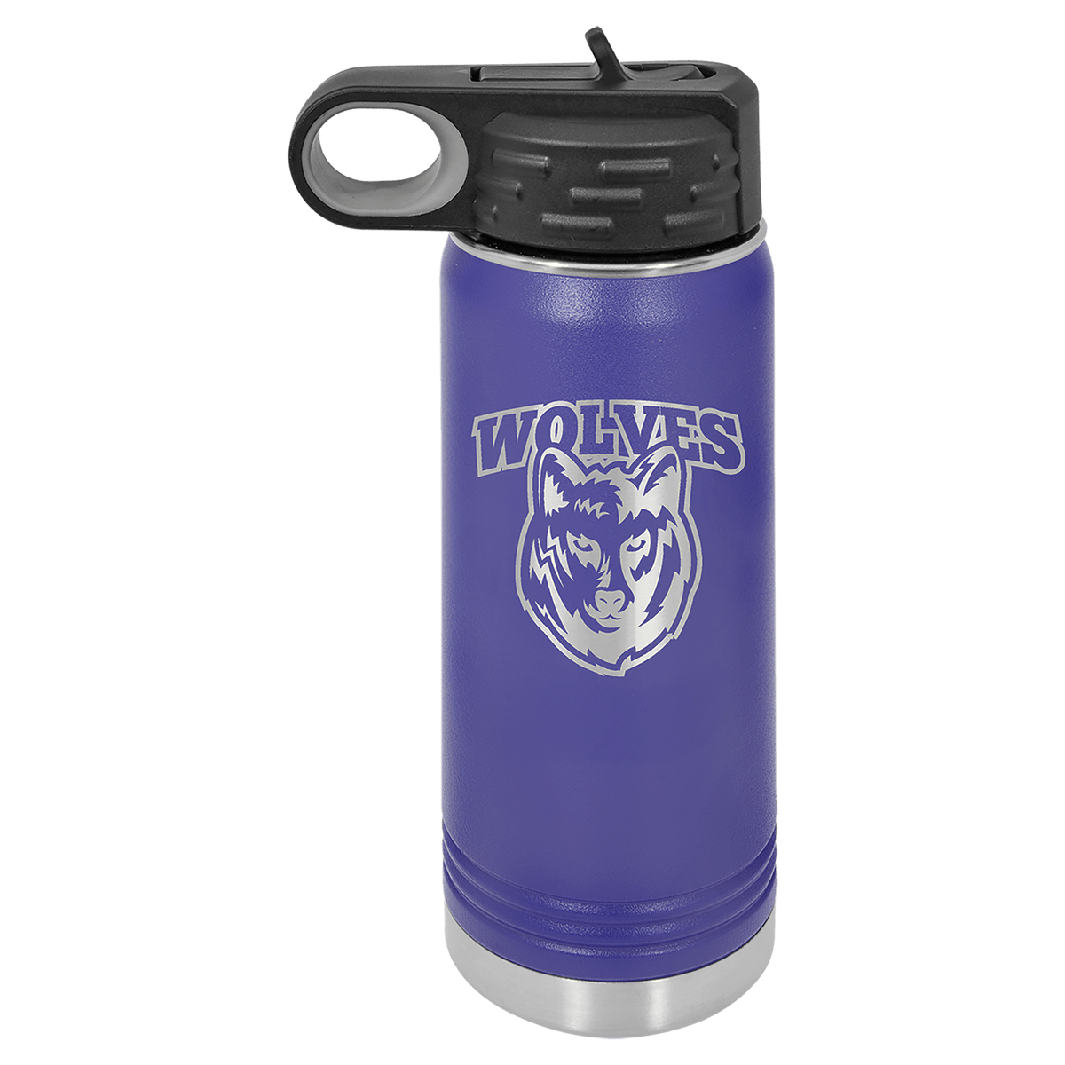 Purple powder-coated 20 oz. insulated water bottle with a black flip-top lid, shown with a sample engraving