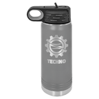 Dark gray powder-coated 20 oz. insulated water bottle with a black flip-top lid, shown with a sample engraving