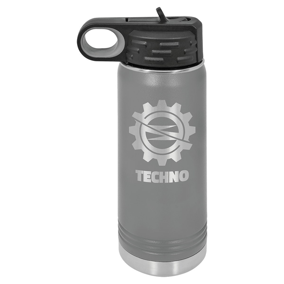 Dark gray powder-coated 20 oz. insulated water bottle with a black flip-top lid, shown with a sample engraving
