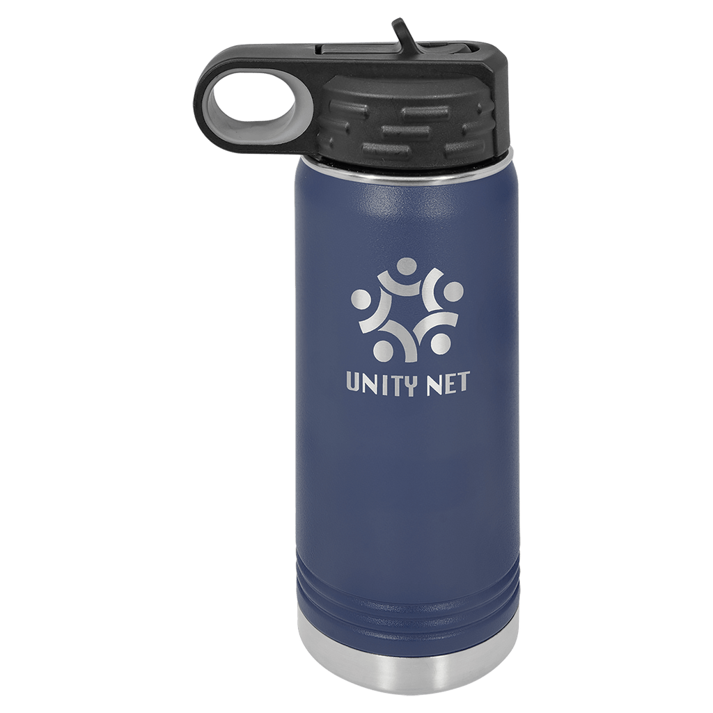 Navy blue powder-coated 20 oz. insulated water bottle with a black flip-top lid, shown with a sample engraving