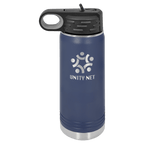 Navy blue powder-coated 20 oz. insulated water bottle with a black flip-top lid, shown with a sample engraving