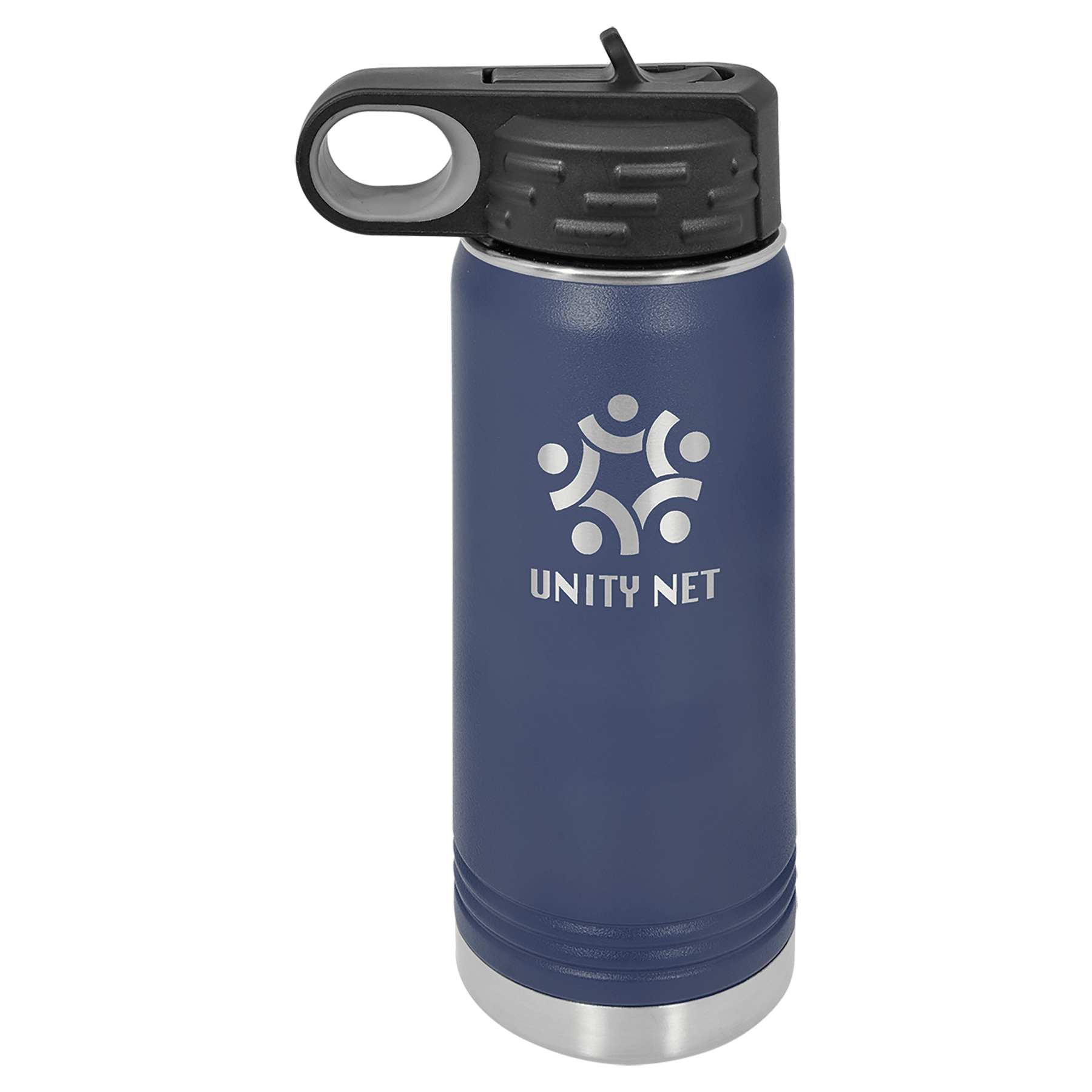 Navy blue powder-coated 20 oz. insulated water bottle with a black flip-top lid, shown with a sample engraving