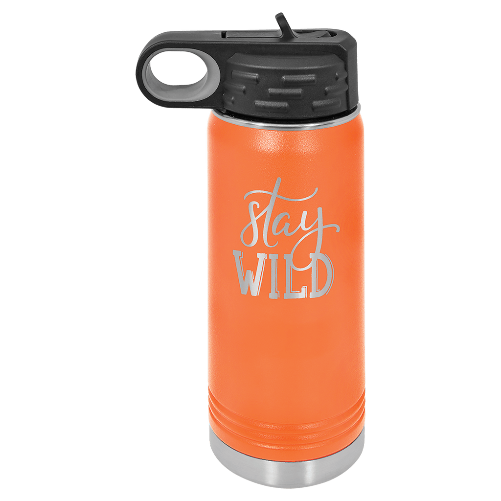 Orange powder-coated 20 oz. insulated water bottle with a black flip-top lid, shown with a sample engraving