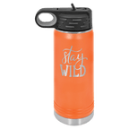 Orange powder-coated 20 oz. insulated water bottle with a black flip-top lid, shown with a sample engraving