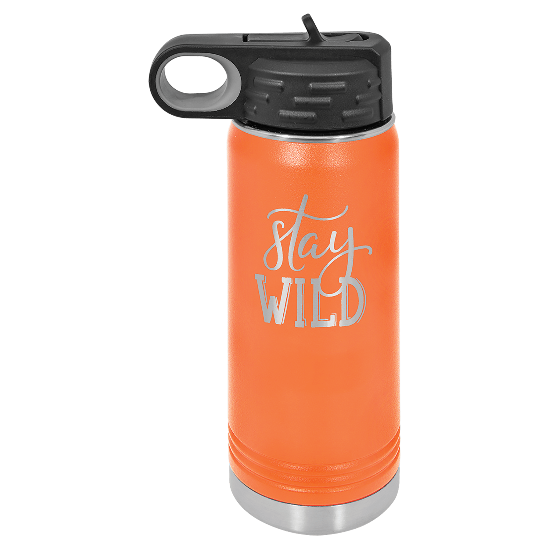 Orange powder-coated 20 oz. insulated water bottle with a black flip-top lid, shown with a sample engraving