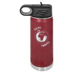 Maroon powder-coated 20 oz. insulated water bottle with a black flip-top lid, shown with a sample engraving