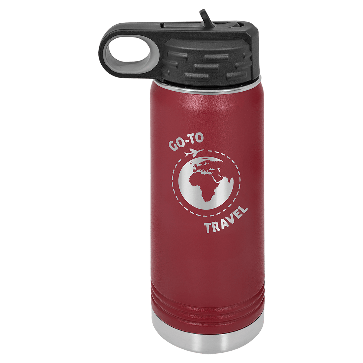 Maroon powder-coated 20 oz. insulated water bottle with a black flip-top lid, shown with a sample engraving