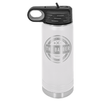 White powder-coated 20 oz. insulated water bottle with a black flip-top lid, shown with a sample engraving