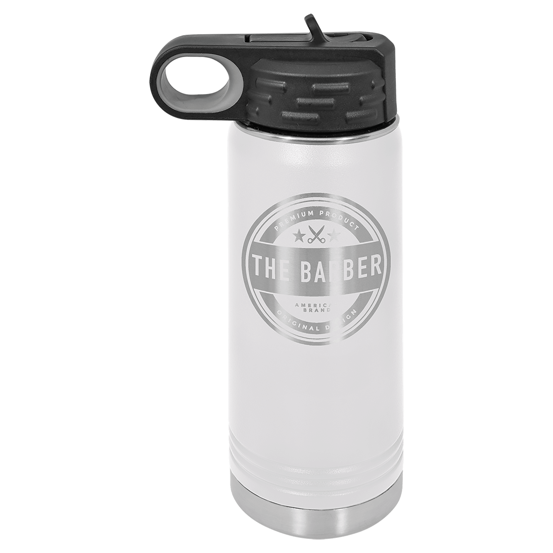 White powder-coated 20 oz. insulated water bottle with a black flip-top lid, shown with a sample engraving