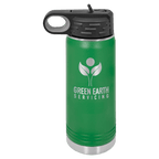 Green powder-coated 20 oz. insulated water bottle with a black flip-top lid, shown with a sample engraving