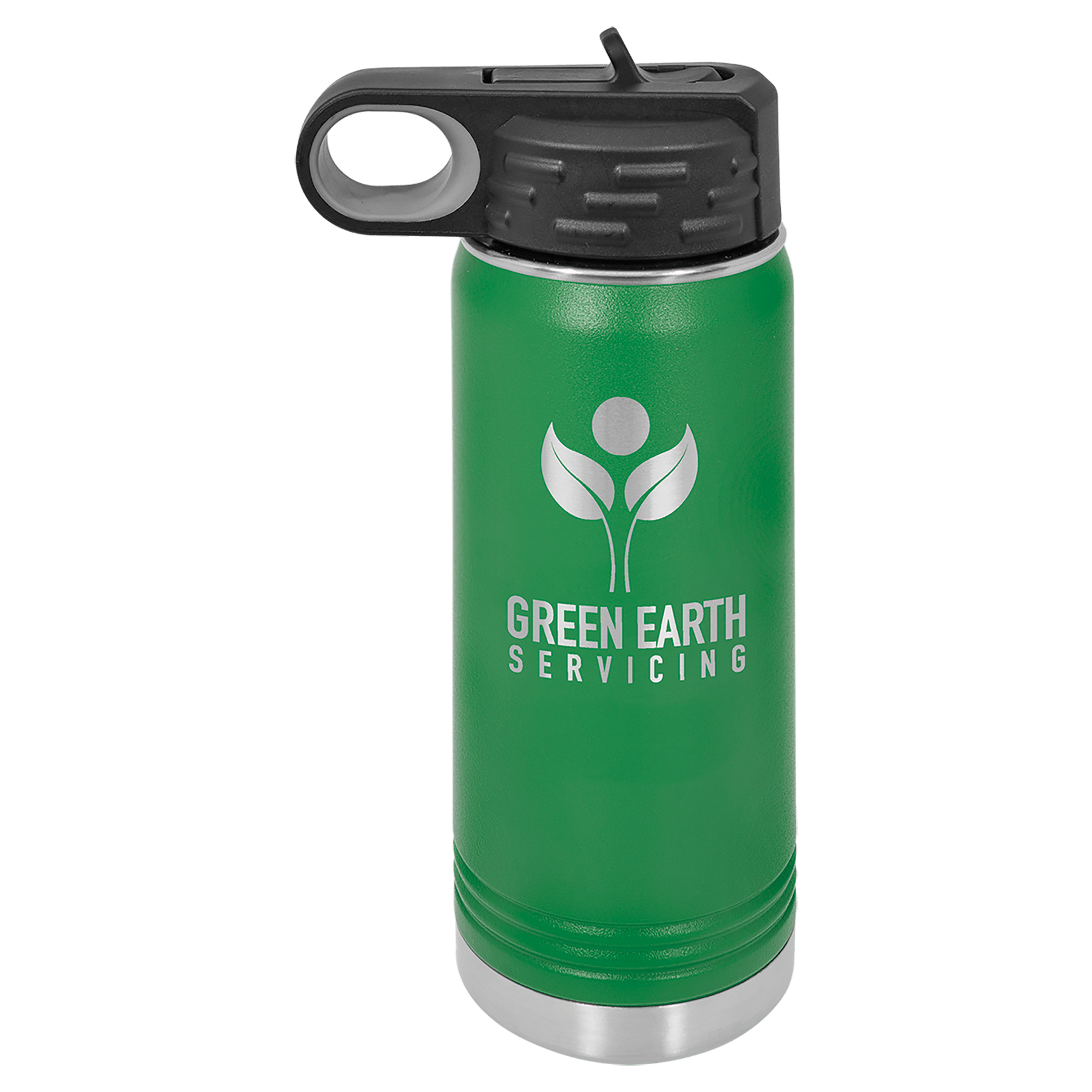 Green powder-coated 20 oz. insulated water bottle with a black flip-top lid, shown with a sample engraving