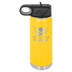 Yellow powder-coated 20 oz. insulated water bottle with a black flip-top lid, shown with a sample engraving