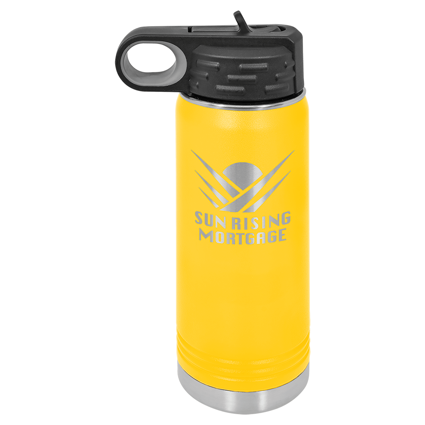 Yellow powder-coated 20 oz. insulated water bottle with a black flip-top lid, shown with a sample engraving