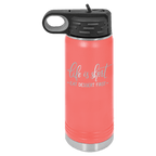 Coral powder-coated 20 oz. insulated water bottle with a black flip-top lid, shown with a sample engraving