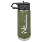 Olive green powder-coated 20 oz. insulated water bottle with a black flip-top lid, shown with a sample engraving