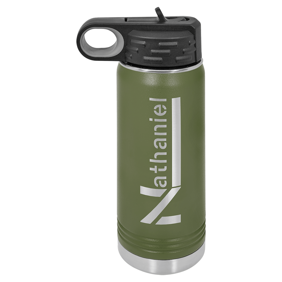 Olive green powder-coated 20 oz. insulated water bottle with a black flip-top lid, shown with a sample engraving
