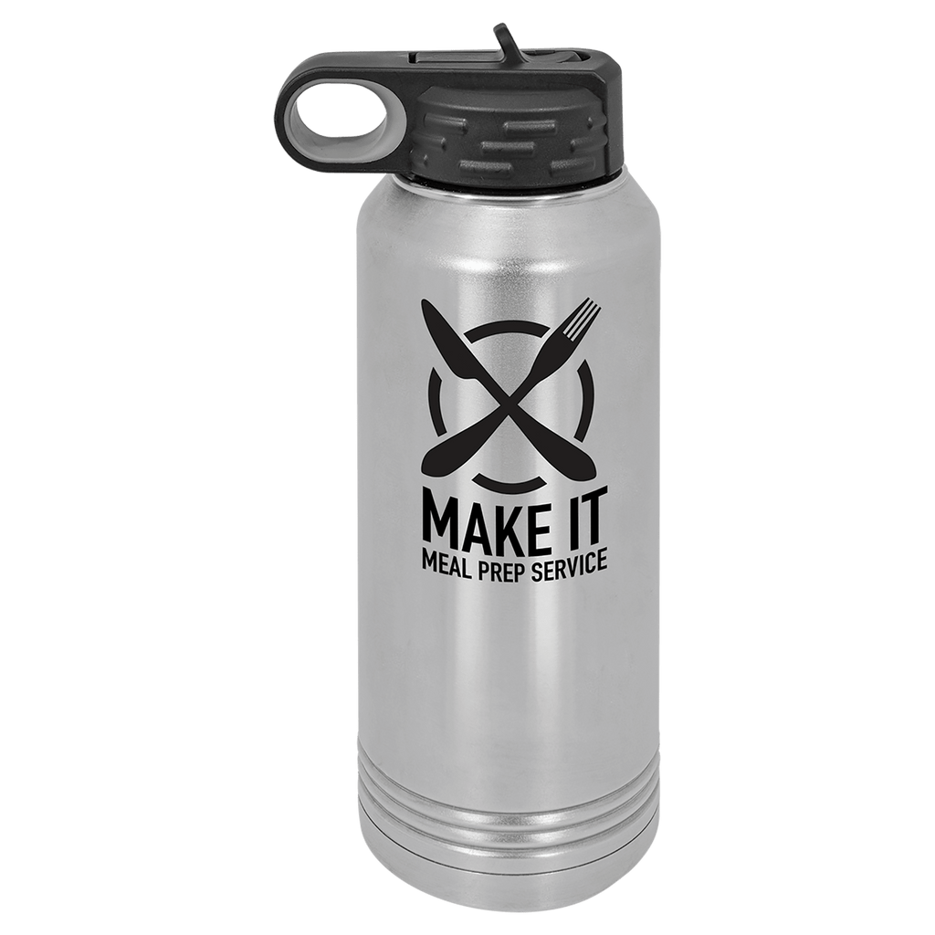 Brushed stainless steel 32 oz. insulated water bottle with a black flip-top lid, shown with a sample engraving