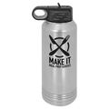 Brushed stainless steel 32 oz. insulated water bottle with a black flip-top lid, shown with a sample engraving